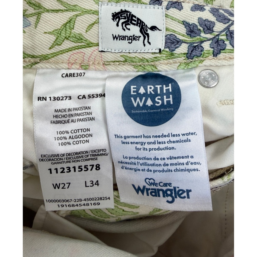Wrangler Floral Flare Jeans Womens 27 Cream Botanical Print 70s Boho Bell Bottom - Picture 14 of 16